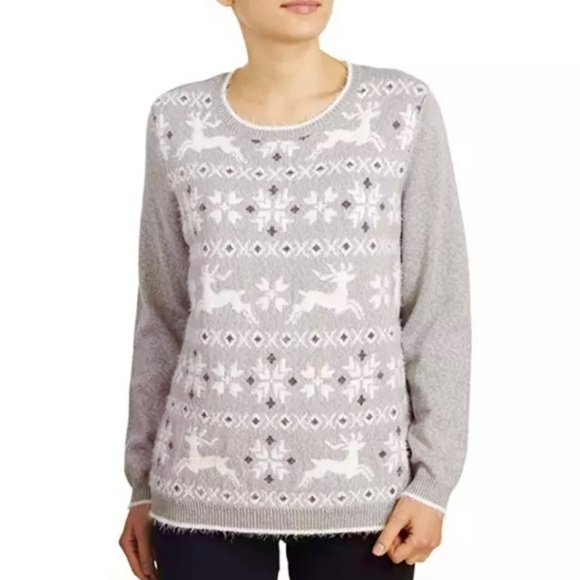 Alfred Dunner Fair Isle Reindeer Sweater Eyelash Gray Size Large Holiday Winter - Picture 1 of 7